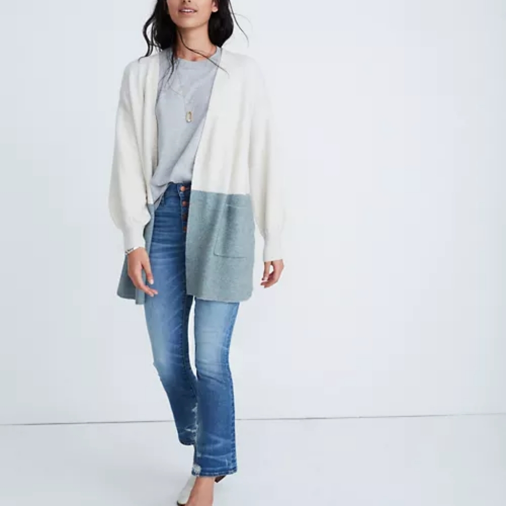 Madewell Edgewater Bubble-Sleeve Cardigan Sweater in Colorblock.